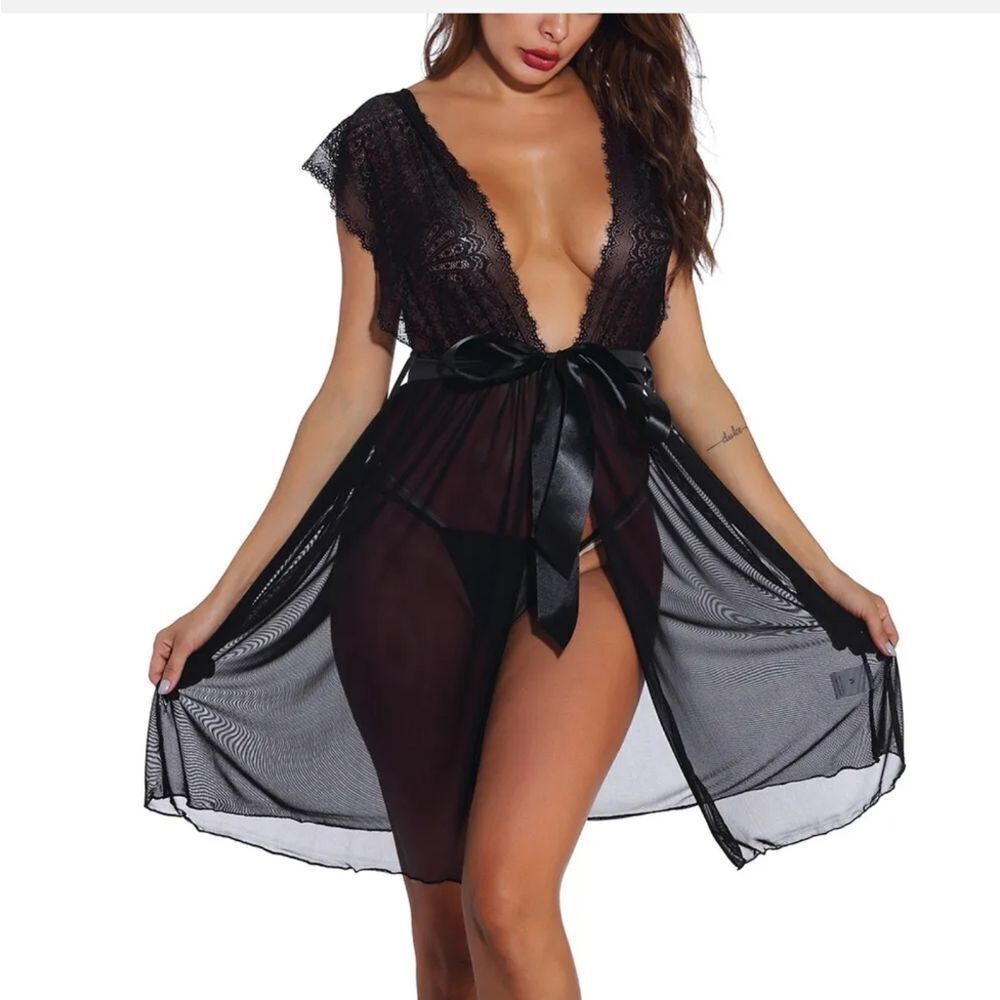 New Women Plus Size Contrast Lace Bow V-Neck Backless Dress Lingerie With Thong